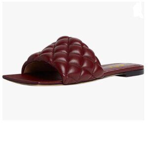 FSJ Burgundy Open Square Toe Slide Sandals Slip on Slipper Flat Office Date Shoe
